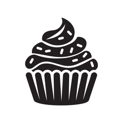 Chocolate cupcake icon vector silhouette with icing and cream on white background illustration