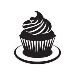 Chocolate cupcake icon vector silhouette with icing and cream on white background illustration