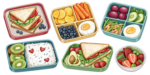 Set of lunch boxes with different types of food, such as sandwiches, fruits, eggs, rice, and vegetables, on transparent background