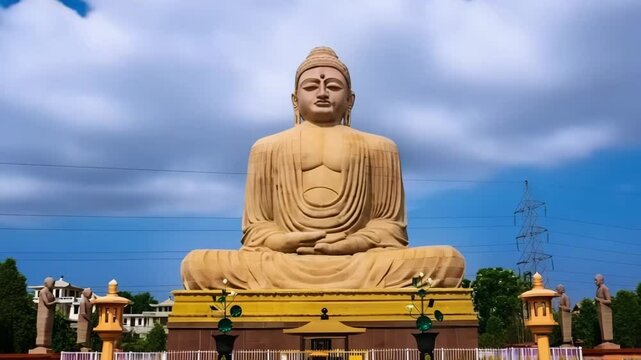 The Great Buddha Statue Near Mahabodhi Temple In Bodh Gaya, Bihar Tourism Wide Shot Of Bodh Gaya, Bihar, Seat Of Enlightenment, Great Buddha Statue, Mahabodhi Temple Complex