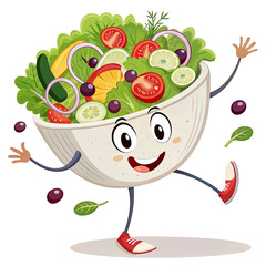  Cute cartoon salad and floating in the air ingredients: olives, lettuce, onion, tomato, mozzarella cheese, parsley, basil and transparent background