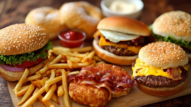 Tasty burgers and fries platter with crispy chicken and tasty sauces on a rustic table