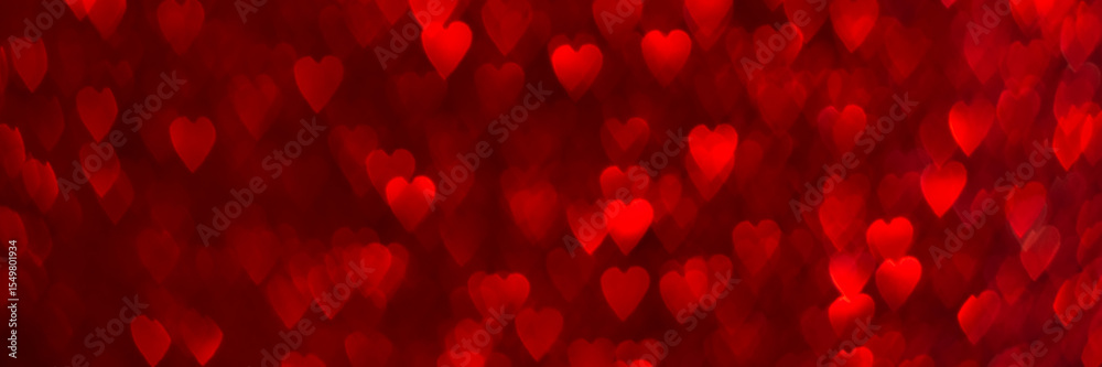 Wall mural red hearts, sparkling glitter bokeh background banner, valentines day abstract defocused texture hea