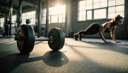 Fototapeta premium Black dumbbell lying on floor of gym, female athlete training in background doing push-up, in sunlight from large window. Concept of fitness, strength training, building muscle and achieving goals.