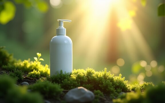 Cosmetic bottle stands on forest moss illuminated by ray of sunlight from above. Mockup of white plastic packaging. Commercial presentation of eco product with nature motives. High quality