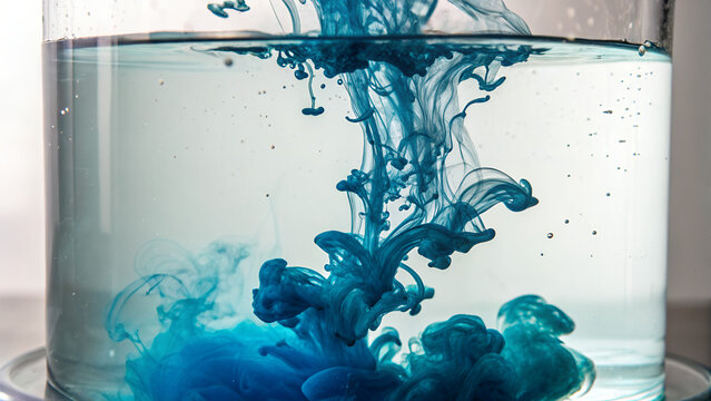 Blue ink diffusing and swirling in clear water in a glass container