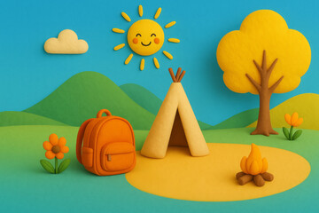 3D forest camping illustration with tent, backpack, campfire and sun for outdoor gear promotion, kids books, summer camp ads, educational content, tourism and travel agencies,