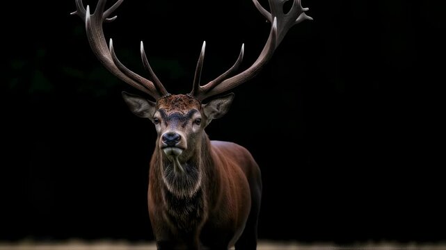 Majestic stag approaching in dark forest, highlighting antler detail and movement