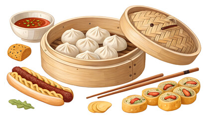 Chinese food dumplings in a bamboo steamer with chopsticks, bao bun, hot dog and other snacks on a beige background with transparent background
