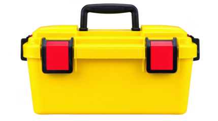 Bright yellow toolbox with black handle and red latches, perfect for organizing tools and accessories. sturdy design ensures durability and easy portability