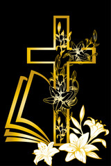 Fototapeta premium Christian shining golden cross with lilies and white lilies on the background of an open book glowing with a golden gradient on a black background