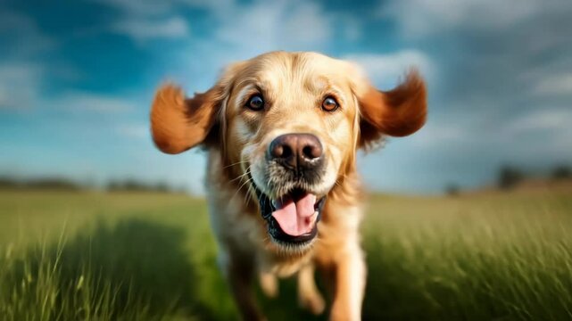 Energetic dog joyfully running through vibrant green field under bright blue sky