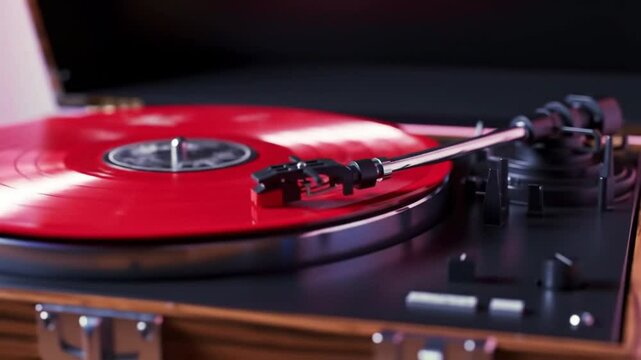 detailed digital painting of a retro turntable player with an open lid, featuring a bright red vinyl record spinning slowly. The scene is colorful and vibrant, with rich textures and high-quality