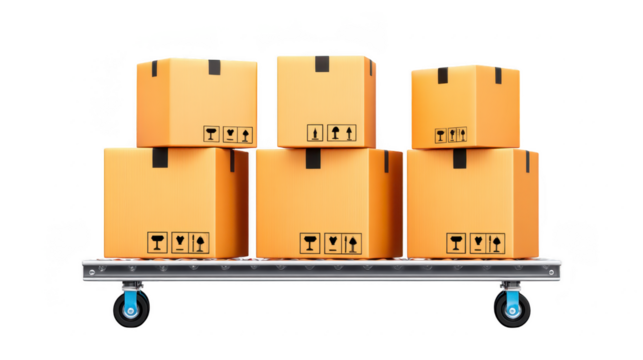 Cardboard boxes stacked on metal trolley with wheels, ready for transportation. boxes feature handling symbols, indicating care instructions. scene suggests efficient logistics and shipping