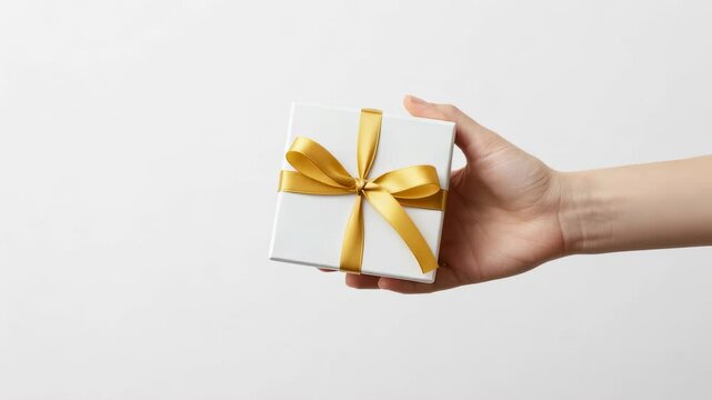 Hand gifting white box wrapped with gold ribbon on clean white background