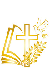 Christian cross, a dove symbol of the spirit and  palm branch with a golden gradient on a transparent background