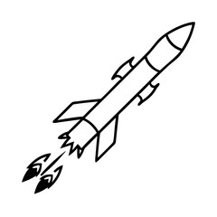 Rocket Icon Outline Vector | Black and White Missile Clipart | Space Shuttle Drawing | Simple Line Launch Illustration | Retro Cartoon Jet Symbol