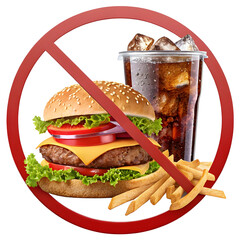 A burger, soda inside a red forbidden sign, the burger has lettuce, tomato, cheese and meat, transparent background