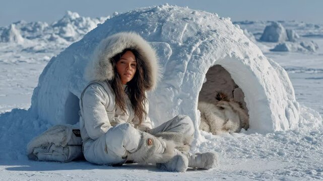 Arctic explorer resting by igloo with snowy landscape in background