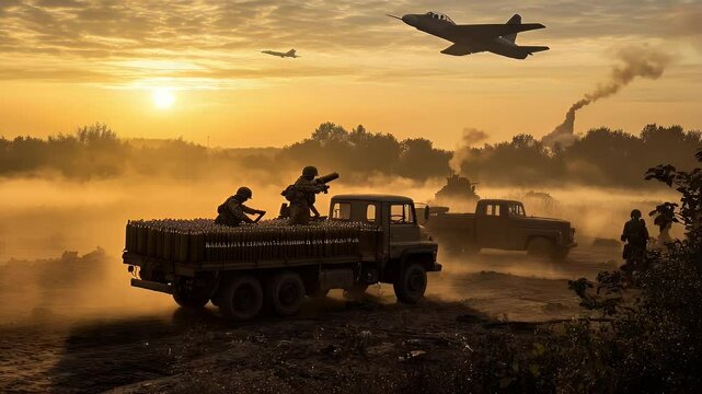 Military Convoy in Fog: Soldiers, Trucks, and Jets at Sunrise