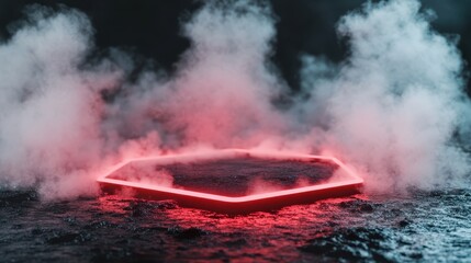 A striking hexagonal shape glows in vivid neon red light, surrounded by a mystical fog, evoking a sense of mystery and intrigue in an otherworldly environment.