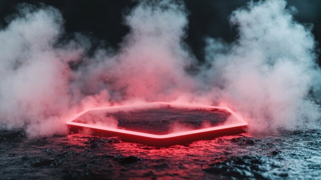 A striking hexagonal shape glows in vivid neon red light, surrounded by a mystical fog, evoking a sense of mystery and intrigue in an otherworldly environment.
