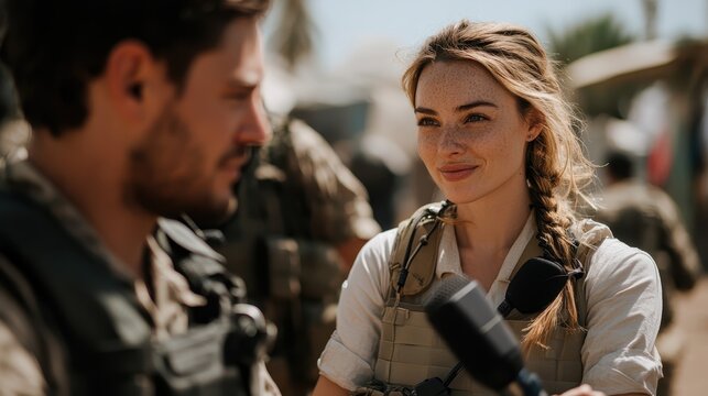 A strong female journalist interviews a soldier in a combat environment, showcasing resilience, determination, and professionalism amidst challenging situations and backgrounds.