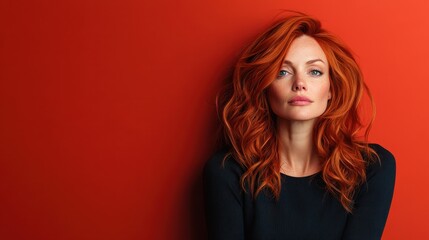 Fototapeta premium A striking portrait of a red-haired woman with bold makeup, set against a vibrant orange background, capturing allure and modern beauty in style and color.