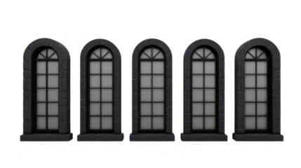 Row of five arched windows with classic design, featuring dark frames and frosted glass, creates symmetrical and elegant architectural element
