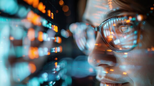 A close-up of a bespectacled person intently observing technology, blending digital graphics and human curiosity, reflecting the fusion of minds and technology.