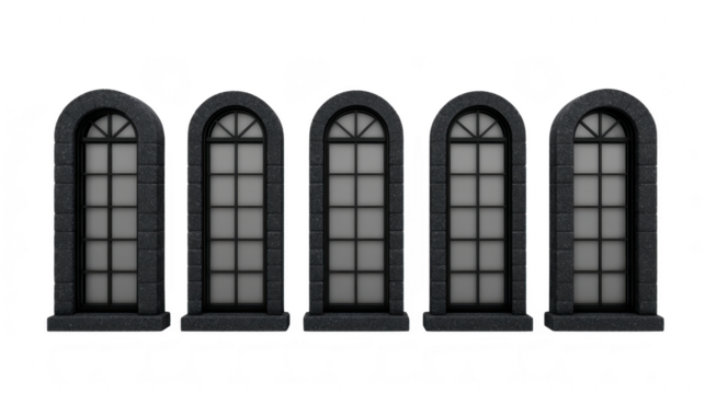 Row of five arched windows with classic design, featuring dark frames and frosted glass, creates symmetrical and elegant architectural element