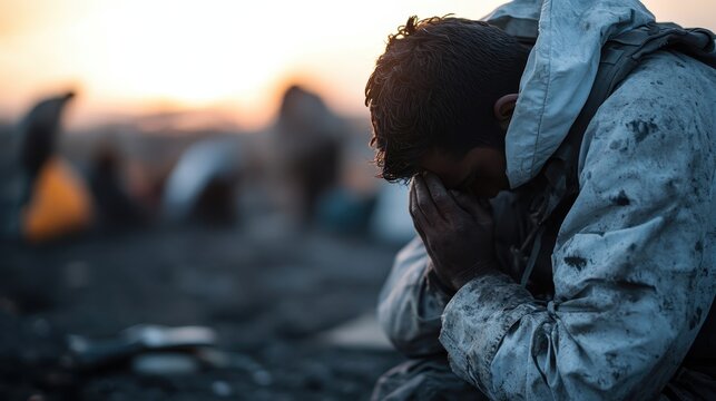 A young man sits with his head bowed, emotions visible on his face, conveying feelings of struggle and resilience in a somber yet powerful moment. - Powered by Adobe