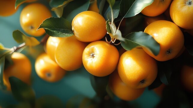 A close-up view of ripe golden apples gracefully hanging on a branch, surrounded by lush green leaves, symbolizing nature's bounty and vibrant fresh produce.