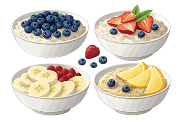 Instant oat bowls with cutout background topped with fresh raspberries, blueberries, nuts, cinnamon, peach slices for healthy