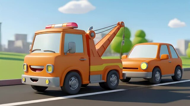 Cartoon tow truck animation with colorful animated city background