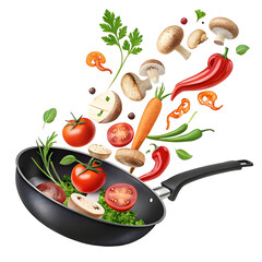 A black pan with mushrooms and vegetables flying out of it, including tomatoes, peppers, parsley, carrots, and onions, with transparent Background.
