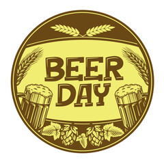 Vintage-style Beer Day label with hop cones, wheat, and beer mugs. Perfect for brewery branding, bar posters, Oktoberfest events, and craft beer promotions.
