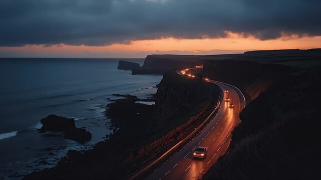 Coastal highway at sunset, cars driving along dramatic cliffside road
