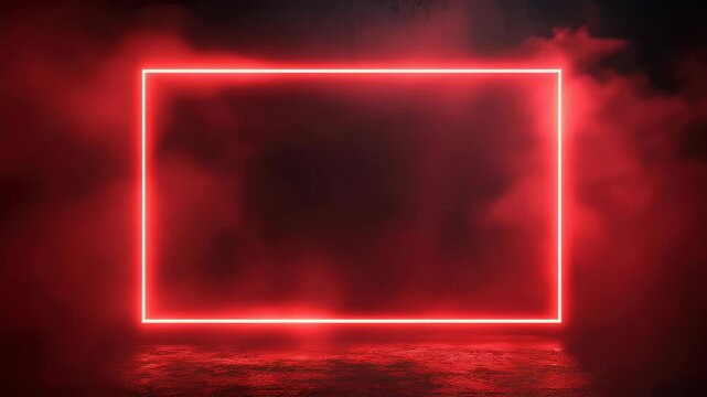 Dynamic red neon frame illuminated by misty atmospheric light and smoke in dark room
