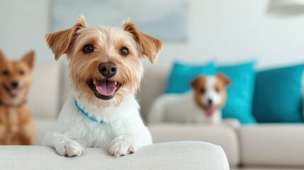 A cheerful dog poses happily at home, showcasing its playful nature, surrounded by fellow furry companions in a cozy and inviting living space.