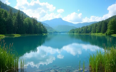 Tranquil lake scene with clear blue water, green reeds, and a lush forest under a bright sky. Perfect nature landscape for relaxation, travel, or outdoor themes. High quality