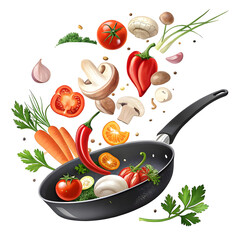 A black pan with mushrooms and vegetables flying out of it, including tomatoes, peppers, parsley, carrots, and onions, with transparent Background.
