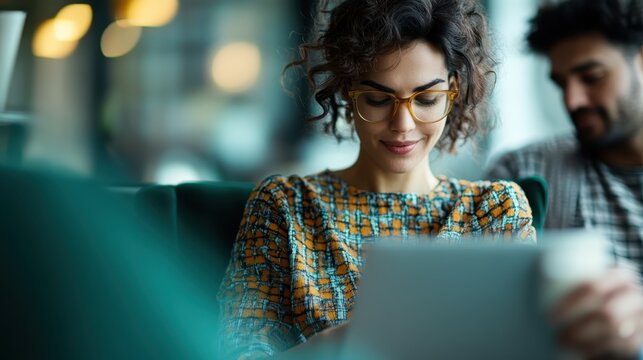 A woman with curly hair and glasses smiles as she engages with her tablet in a coffee shop, illustrating modern life's connection and the joy of discovering digital content.