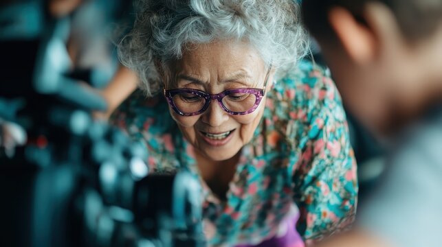 A cheerful elderly woman with curly grey hair and glasses happily engages in photography with younger people, showcasing the joy of creativity across generations.