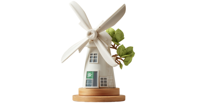Charming Windmill Decor: Capturing rustic elegance, a miniature white windmill, complete with spinning blades and petite tree.