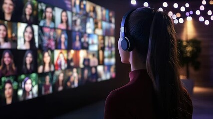 Woman with headphones views a large screen displaying numerous diverse faces - Powered by Adobe