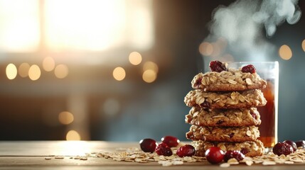 This warm image features oatmeal cookies stacked beside a glass, surrounded by festive berries, evoking feelings of comfort and home during cozy gatherings or winter evenings.
