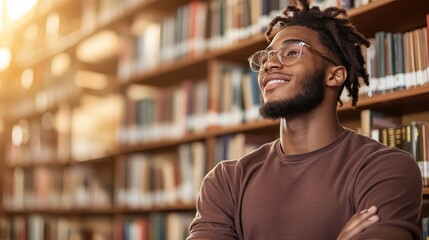 A young man with glasses, arms crossed and a smile on his face, enjoys a moment of reflection in a well-lit library filled with shelves of neatly arranged books.