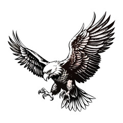 Fierce Eagle in Mid-Attack Pose – Black and White Vector Illustration of Wild Bird with Spread Wings and Talons | Symbol of Power, Freedom, and Strength

