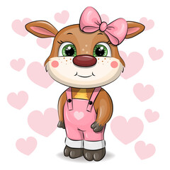 Cute Cartoon Reindeer Girl with Bow and Hearts